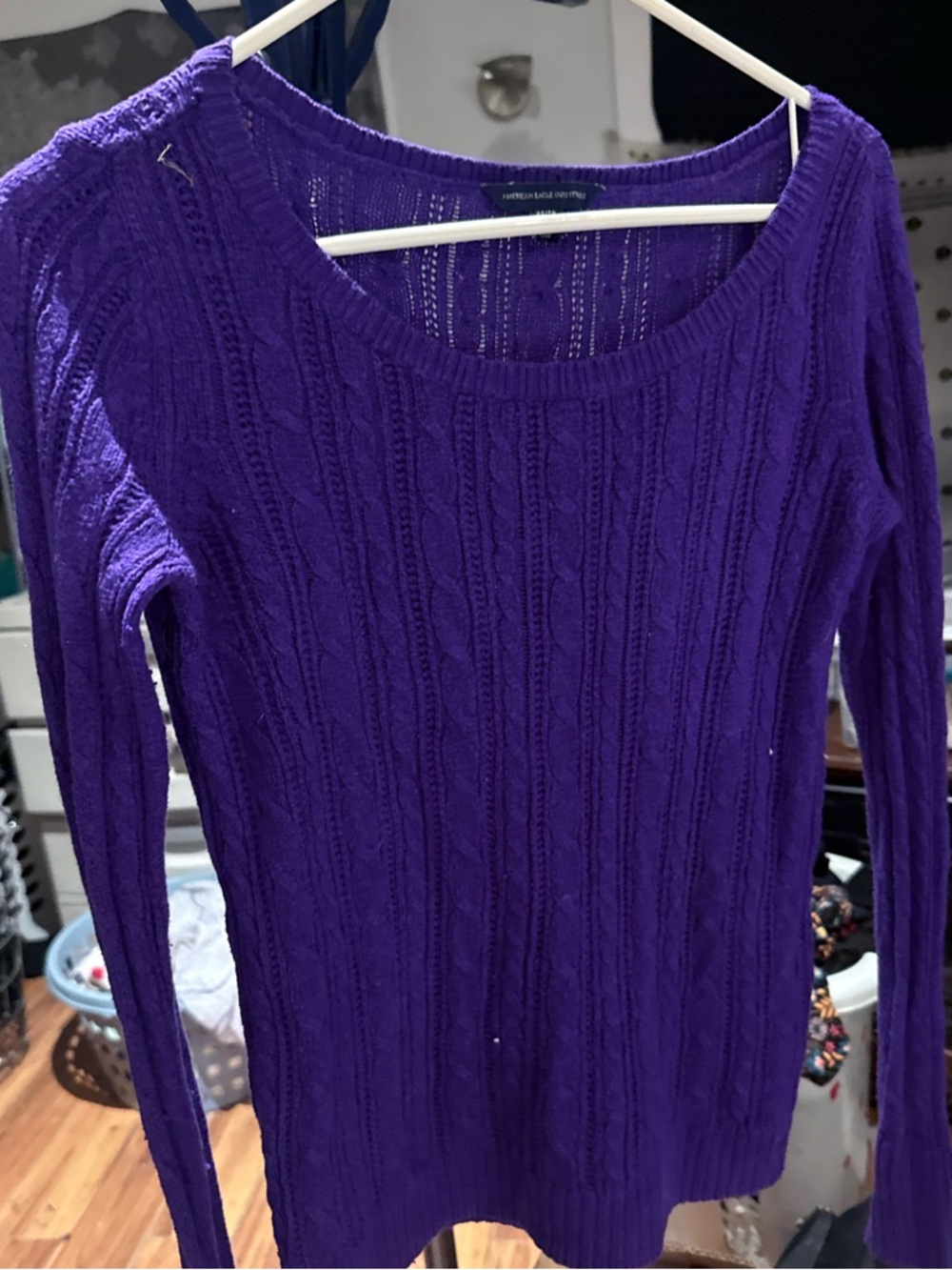 American Eagle Outfitters Purple Cable-Knit Scoop Neck Sweater